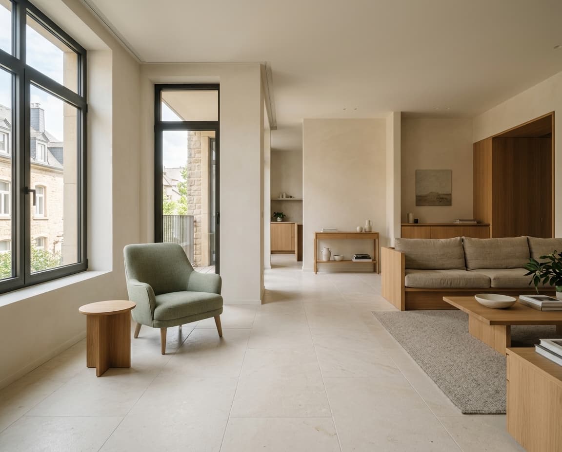 Intérieur calme avec sol carrelé en pierre claire