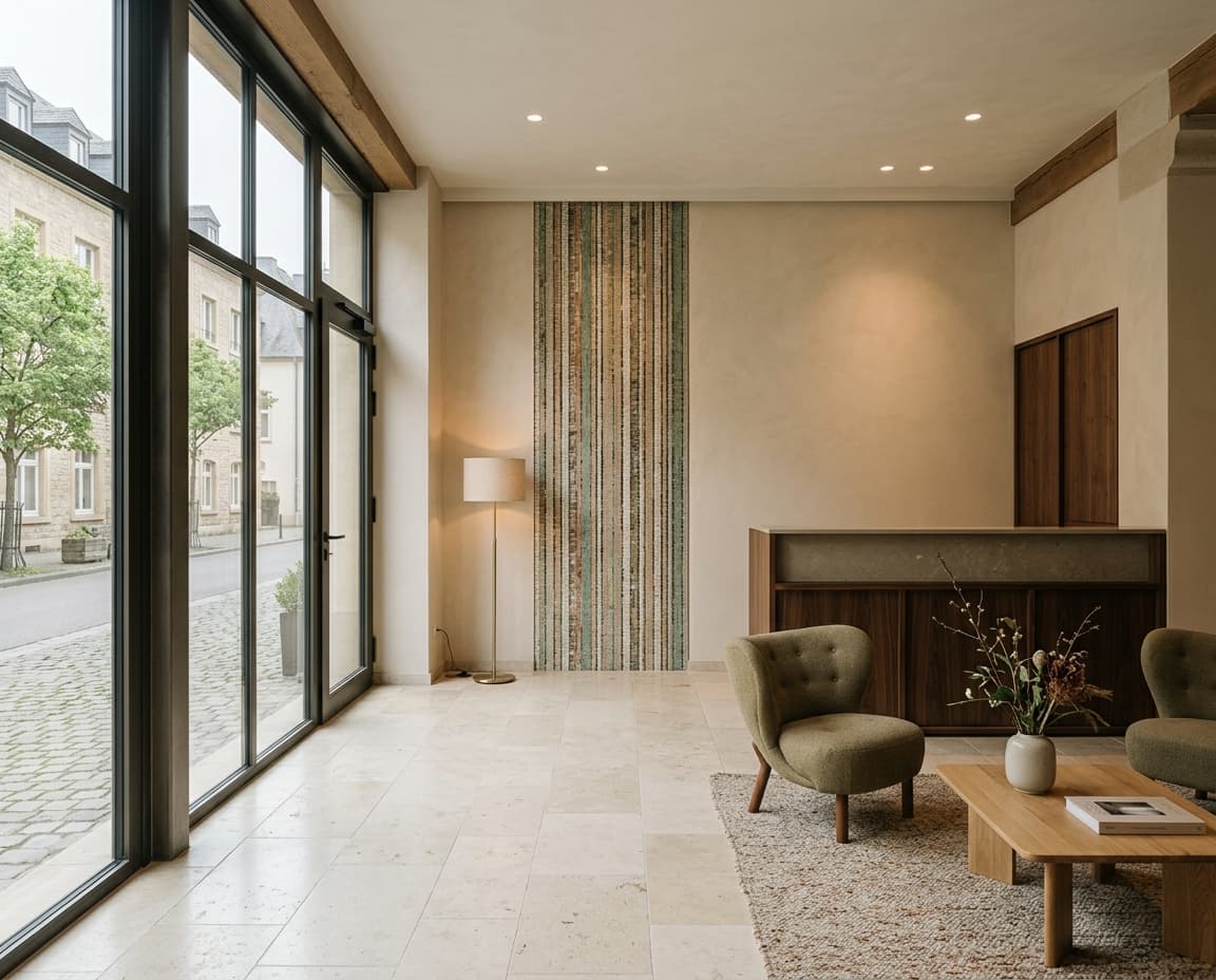 Hall hôtelier avec pierre claire et détail en mosaïque
